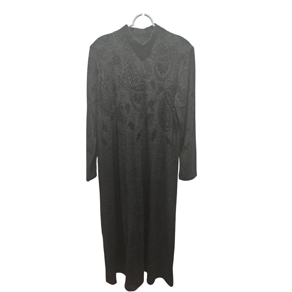 Vtg Halmode Plus Size 1X Paisley Knit Dress Black Gray Long Sleeve Maxi